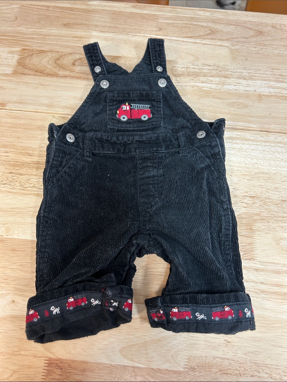 Gymboree Black Corduroy Overalls with Red Fire Truck Detail